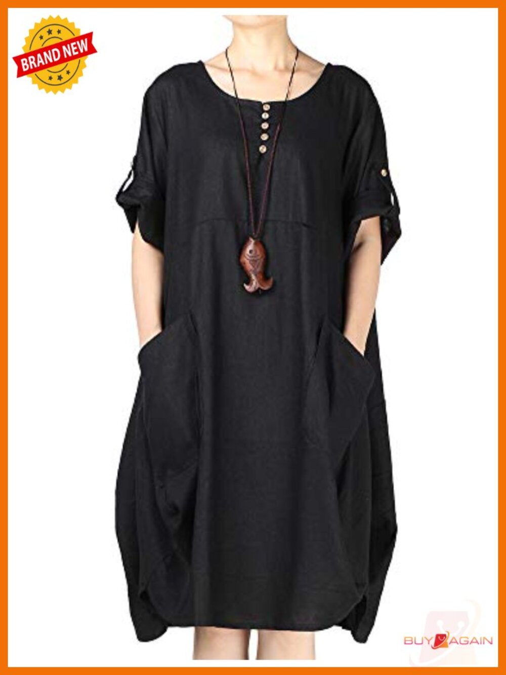 Plus Size Cotton Linen Tunic Dress with Pockets Knee-Length Shift Dress